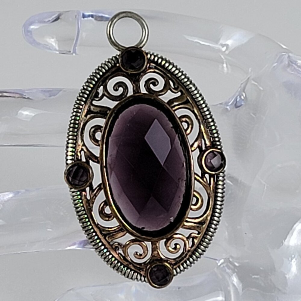 Vintage Barse Faceted Amethyst Gemstone Sterling Silver Filigree Pendant Oval 2"